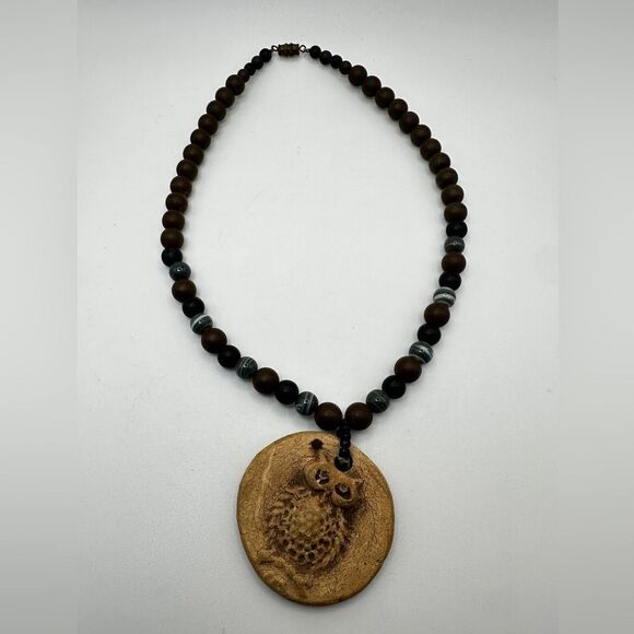 16" Vintage ceramic owl pendant with some gray agate beaded necklace! - Picture 6 of 9